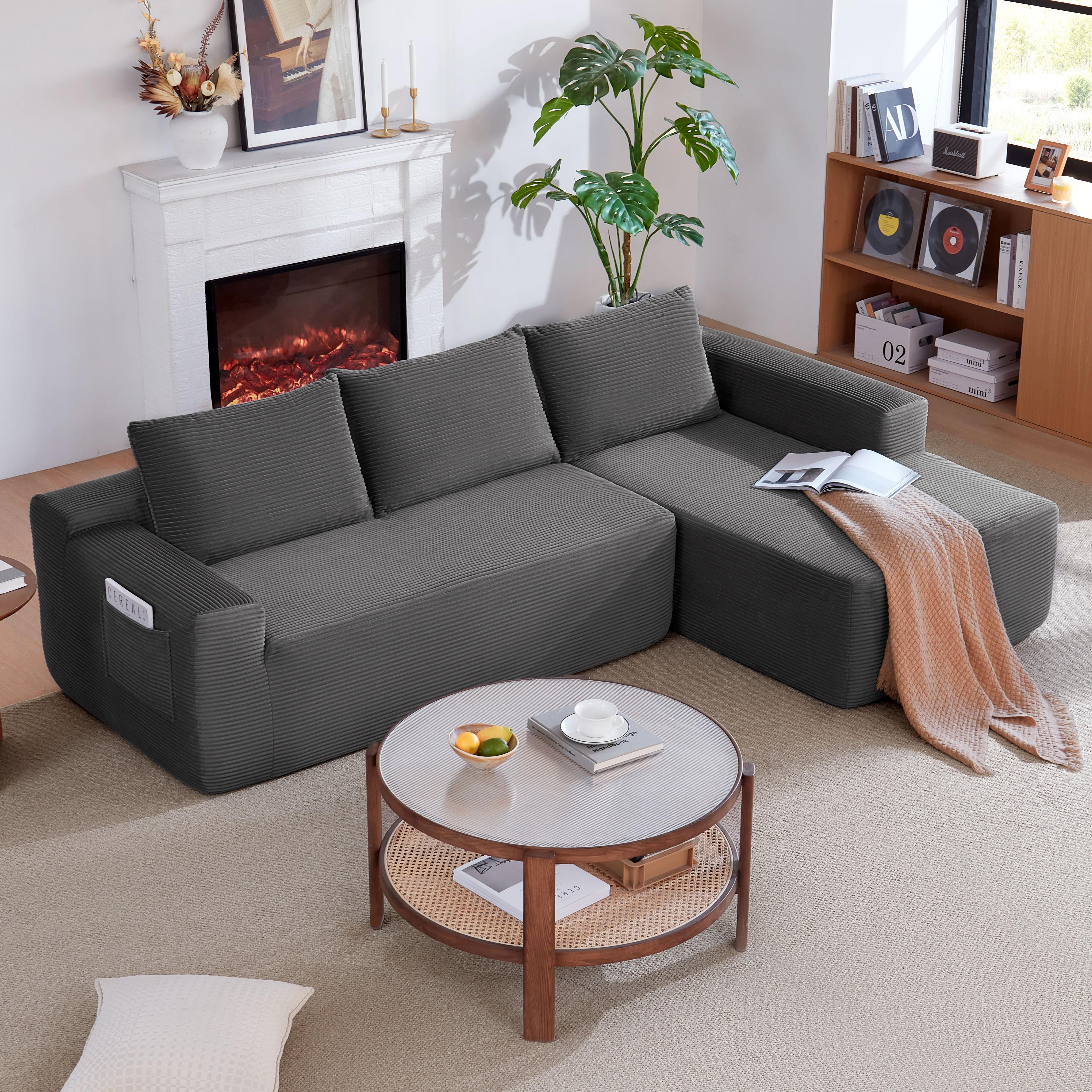 96.9" Cloud Sectional Couch With L-Shape Chaise,Modern Modular Sofa With Deep Seat, Upholstered Couches For Living Room Bedroom,No Assembly Required, (Corduroy Fabric),GREY ,RIGHT_voghion.com